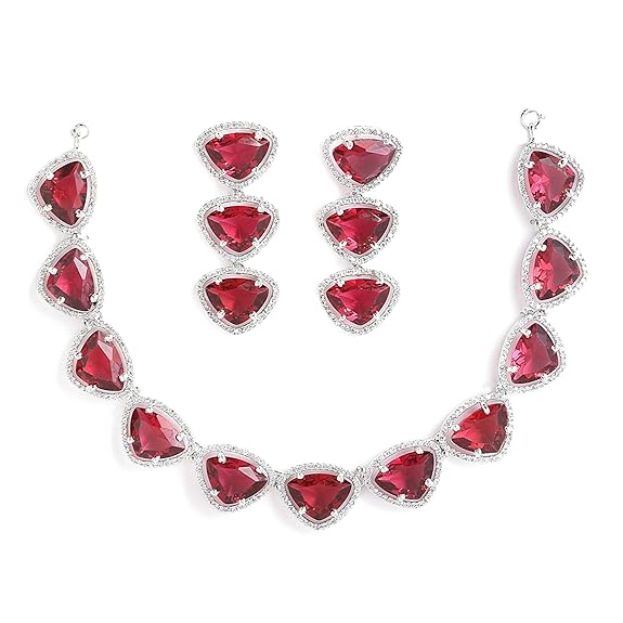 Silver Toned Triangular Shaped American Diamond Studded Jewellery Set For Women and Girl (Red) - Rajputtrade