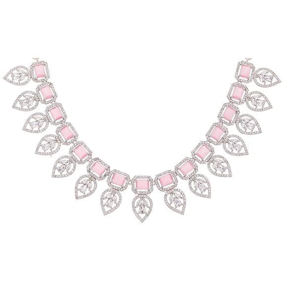 Jewellery Set Leaf Style AD/ Rose Gold Plated Handcrafted Circle Necklace Set for Women & Girls (Pink White) - Rajputtrade