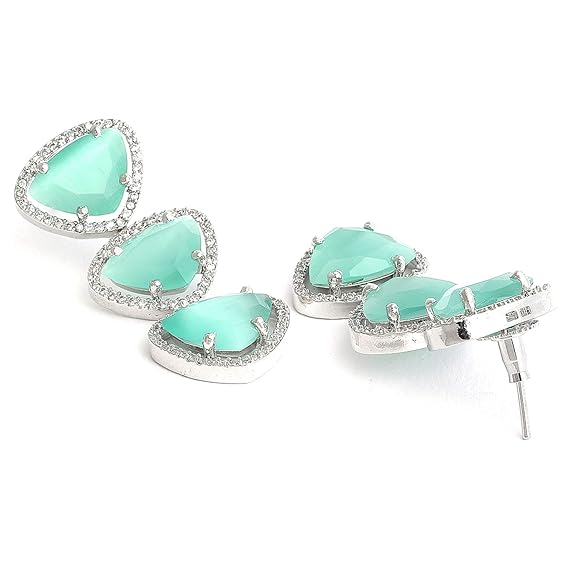Silver Toned Triangular Shaped American Diamond Studded Jewellery Set For Women and Girl (Sea Green) - Rajputtrade