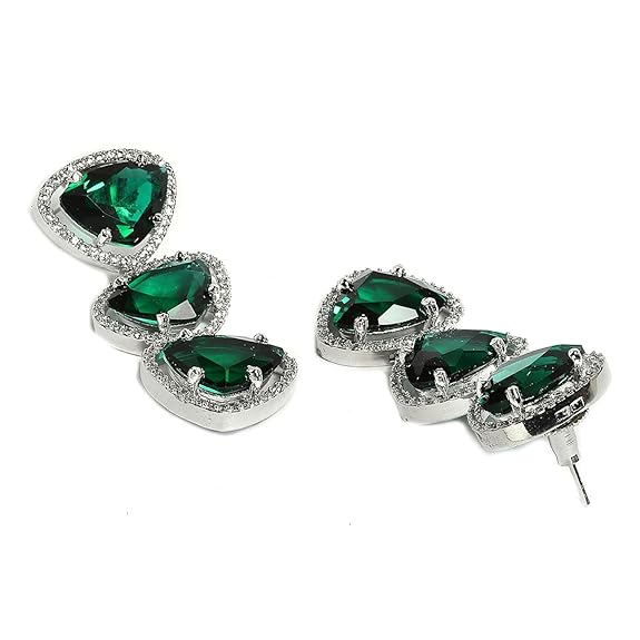 Silver Toned Triangular Shaped American Diamond Studded Jewellery Set For Women and Girl (Green) - Rajputtrade