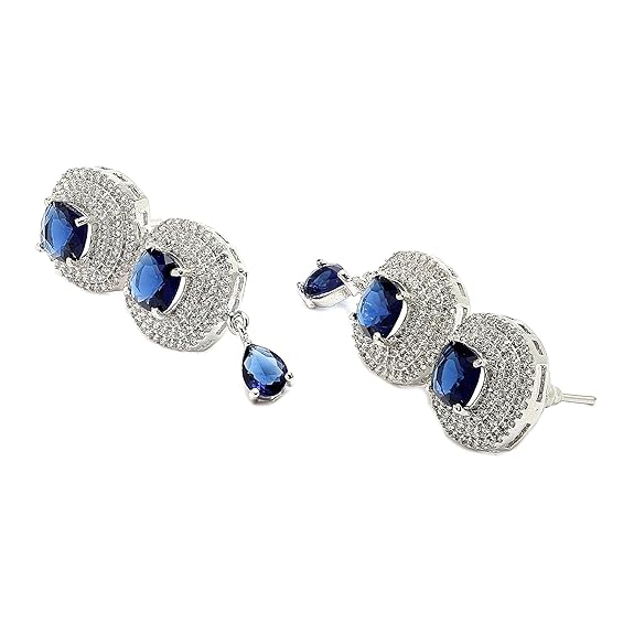 Silver Toned Triangular Shaped American Diamond Studded Jewellery Set For Women and Girl (Blue) - Rajputtrade