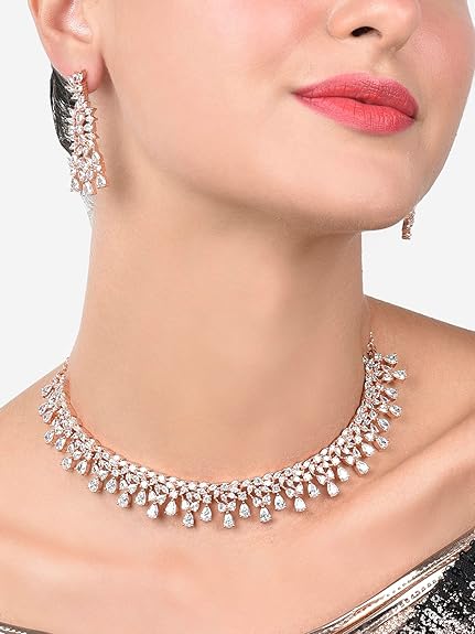 Rose Gold Dazzling Cubic Zirconia Contemporary Necklace and Earring Set For Women - Rajputtrade