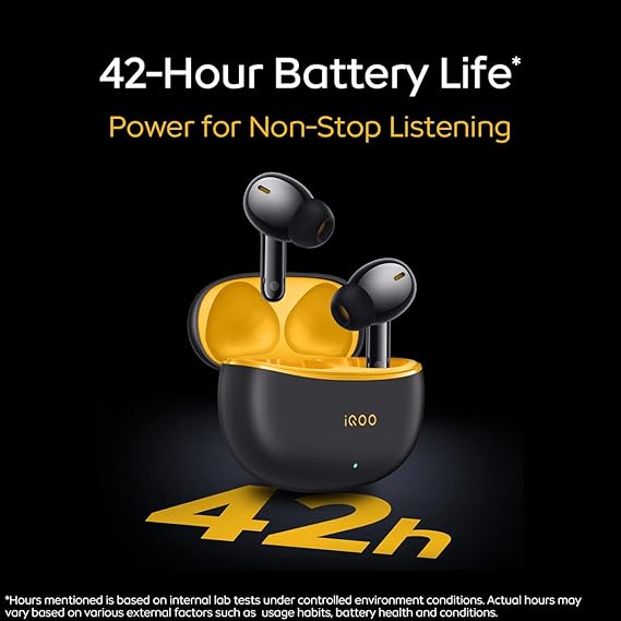 iQOO TWS 1e in-Ear Earbuds with Mic, Upto 30dB Active Noise Cancellation, 3 Hours Playtime, with Upto 42 hrs Playback time (Flame Yellow) - Rajputtrade