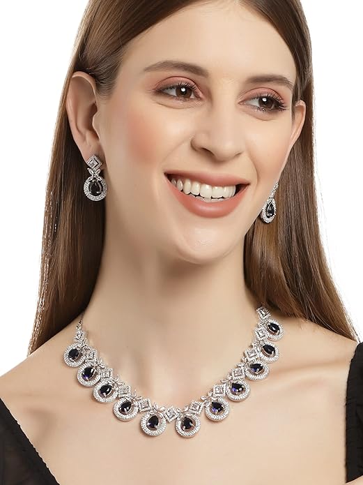 Silver Tone Blue American Diamond Studded Necklace Set for Women (Blue) - Rajputtrade