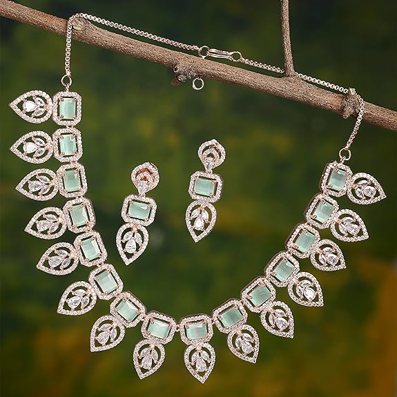 Jewellery Set Leaf Style AD/ Rose Gold Plated Handcrafted Circle Necklace Set for Women & Girls - Rajputtrade