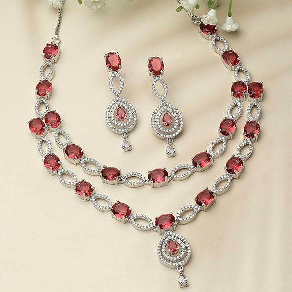Abstract Necklace With Earrings Jewellery Set For Girls and Women (Red) - Rajputtrade