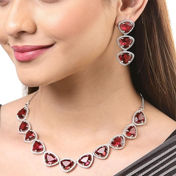 Silver Toned Triangular Shaped American Diamond Studded Jewellery Set For Women and Girl (Red) - Rajputtrade
