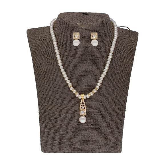 Freshwater White Pearl Pendant Necklace set (White) - Rajputtrade