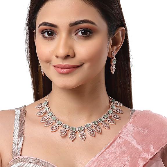 Jewellery Set Leaf Style AD/ Rose Gold Plated Handcrafted Circle Necklace Set for Women & Girls - Rajputtrade