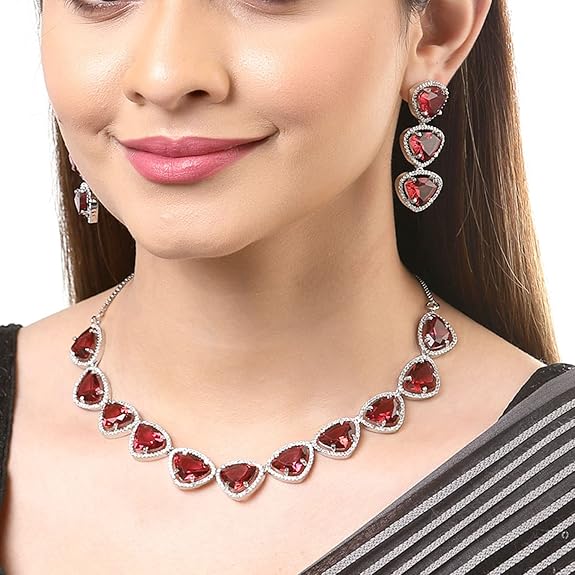 Silver Toned Triangular Shaped American Diamond Studded Jewellery Set For Women and Girl (Red) - Rajputtrade
