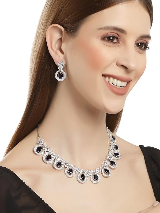 Silver Tone Blue American Diamond Studded Necklace Set for Women (Blue) - Rajputtrade