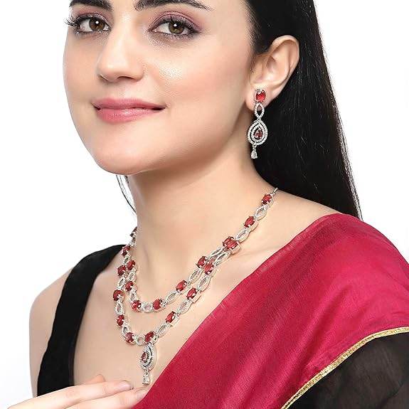 Abstract Necklace With Earrings Jewellery Set For Girls and Women (Red) - Rajputtrade