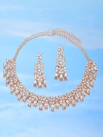 Rose Gold Dazzling Cubic Zirconia Contemporary Necklace and Earring Set For Women - Rajputtrade