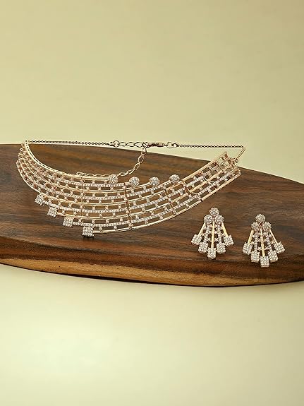Rose Gold Dazzling Cubic Zirconia Bling Choker Necklace and Earring Set For Women - Rajputtrade