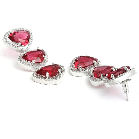 Silver Toned Triangular Shaped American Diamond Studded Jewellery Set For Women and Girl (Red) - Rajputtrade