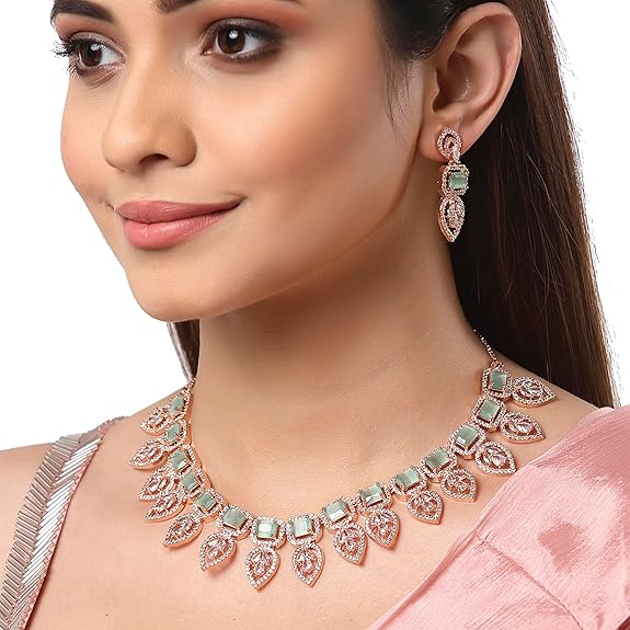 Jewellery Set Leaf Style AD/ Rose Gold Plated Handcrafted Circle Necklace Set for Women & Girls - Rajputtrade