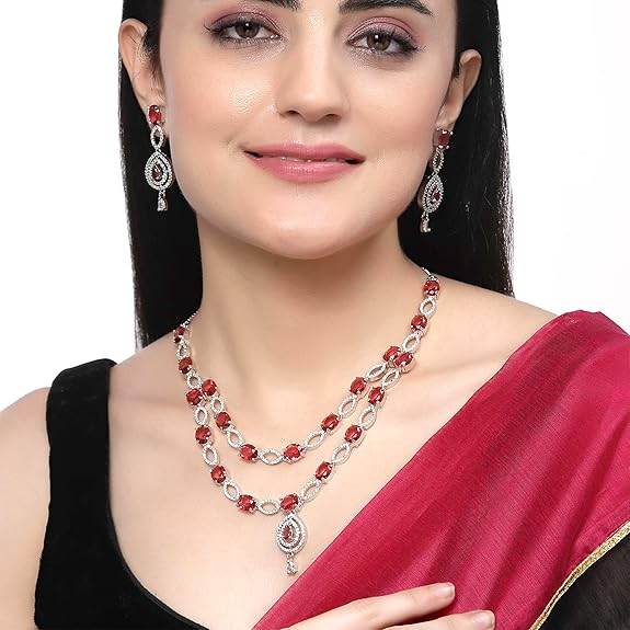 Abstract Necklace With Earrings Jewellery Set For Girls and Women (Red) - Rajputtrade