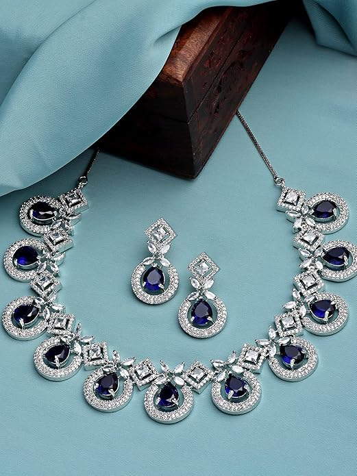 Silver Tone Blue American Diamond Studded Necklace Set for Women (Blue) - Rajputtrade