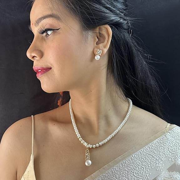 Freshwater White Pearl Pendant Necklace set (White) - Rajputtrade