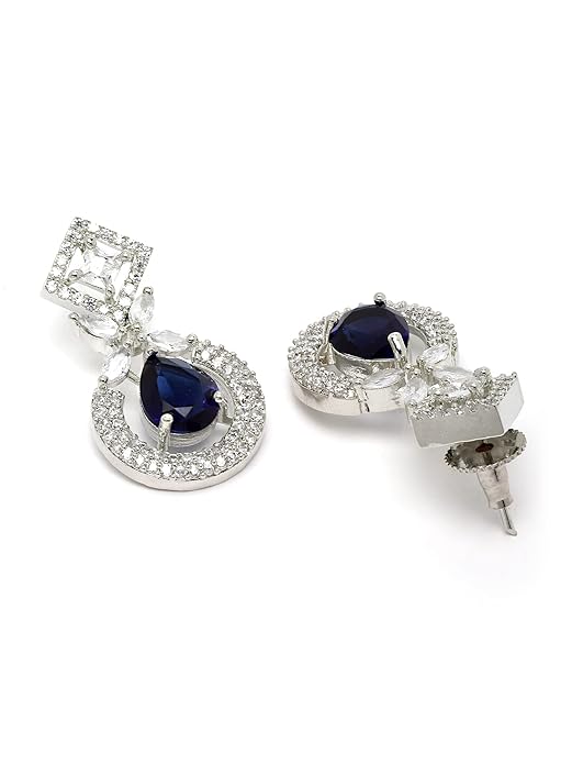 Silver Tone Blue American Diamond Studded Necklace Set for Women (Blue) - Rajputtrade