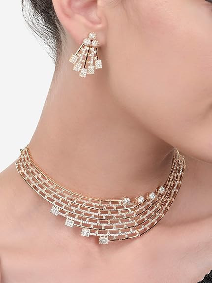 Rose Gold Dazzling Cubic Zirconia Bling Choker Necklace and Earring Set For Women - Rajputtrade