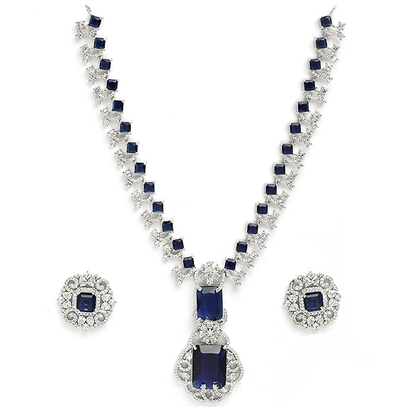 Rhodium Plated Silver Toned Brass Royale Celebrity Inspired, Cystal Jewellery Set For Women & Girls (Blue) - Rajputtrade
