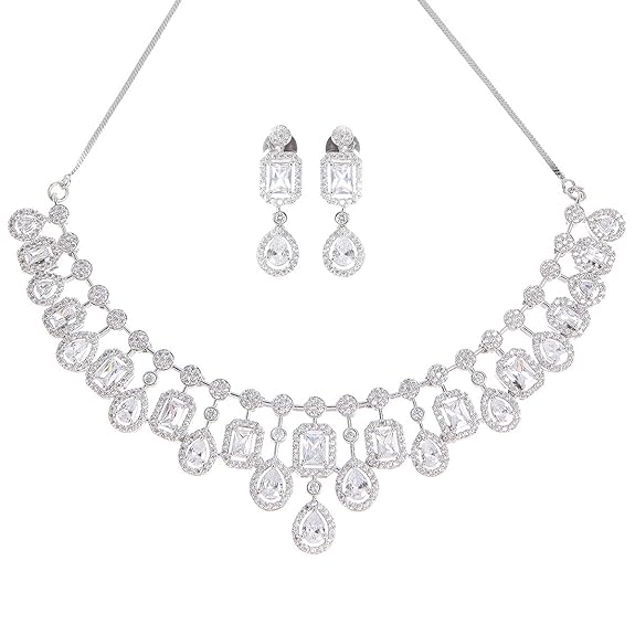 Silver Toned American Diamond Studded Jewellery Set for Women (Silver) - Rajputtrade