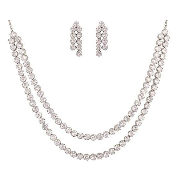 Cubic Zirconia Dual Strand Necklace Jewellery Set With Dangler Earrrings For Women/Girls (White) - Rajputtrade