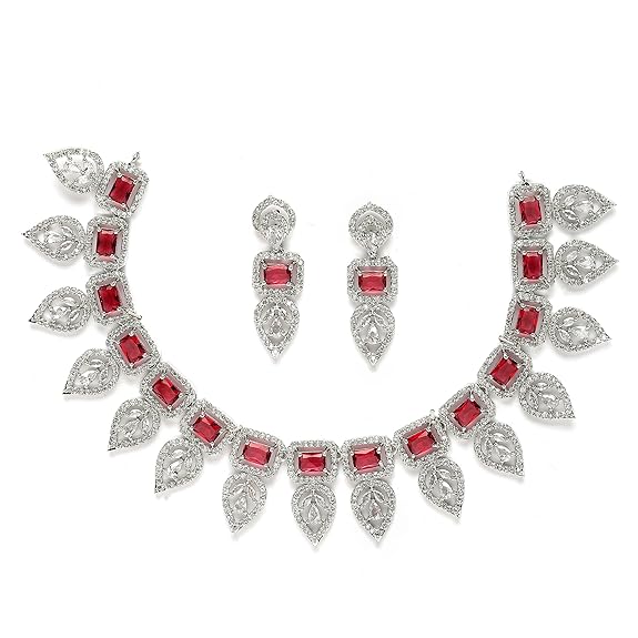 Jewellery Set Leaf Style AD/ Rose Gold Plated Handcrafted Circle Necklace Set for Women & Girls (Red) - Rajputtrade
