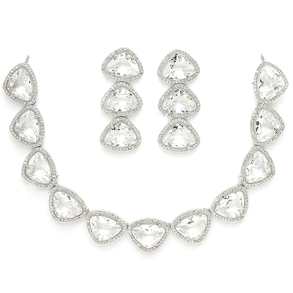 Silver Toned Triangular Shaped American Diamond Studded Jewellery Set For Women and Girl (White) - Rajputtrade