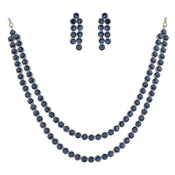 Cubic Zirconia Dual Strand Necklace Jewellery Set With Dangler Earrrings For Women/Girls (Blue) - Rajputtrade