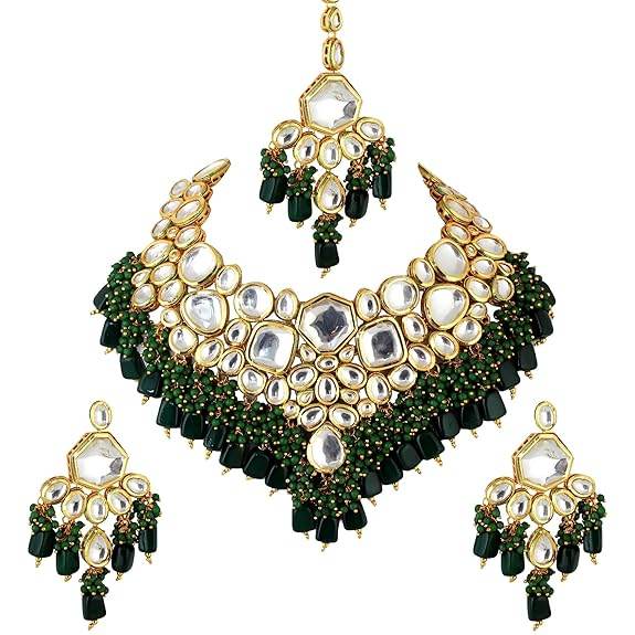 Back Meenakari 18k Gold Plated Green Color Tika Earring Combo Uncut Big Faux Kundan Choker Necklace Set - Rajputtrade
