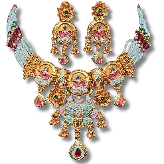 Rajwadi Floral Design Chokor Motimala Jewellery for Girls pink and green - Rajputtrade