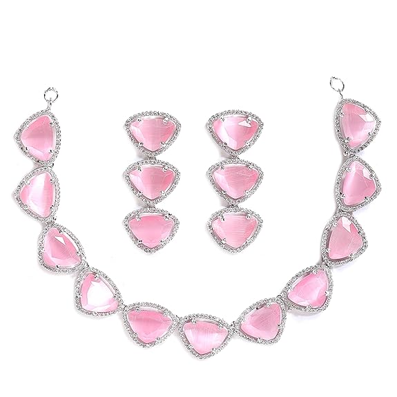 Silver Toned Triangular Shaped American Diamond Studded Jewellery Set For Women and Girl (Pink) - Rajputtrade