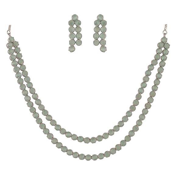 Cubic Zirconia Dual Strand Necklace Jewellery Set With Dangler Earrrings For Women/Girls (Mint Green) - Rajputtrade