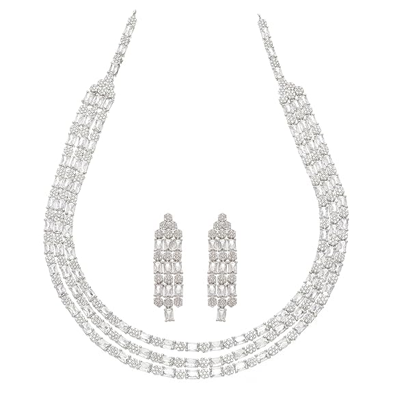 Studded Layered Necklace With Earrings Jewellery Set For Girls and Women (White) - Rajputtrade