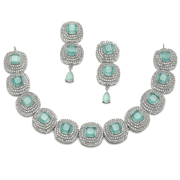 Silver Toned Triangular Shaped American Diamond Studded Jewellery Set For Women and Girl (Sea Green) - Rajputtrade