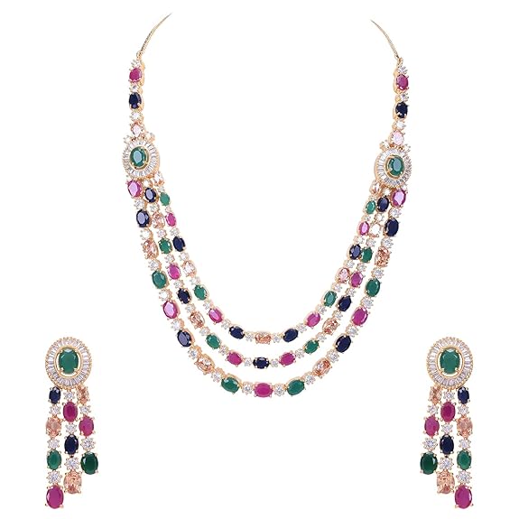 Jewellery Red Green Blue White Multi Layer Necklace Set with Earring for Women/Girls - Rajputtrade