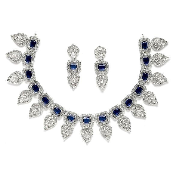 Jewellery Set Leaf Style AD/ Gold Plated Handcrafted Circle Necklace Set for Women & Girls (Blue) - Rajputtrade