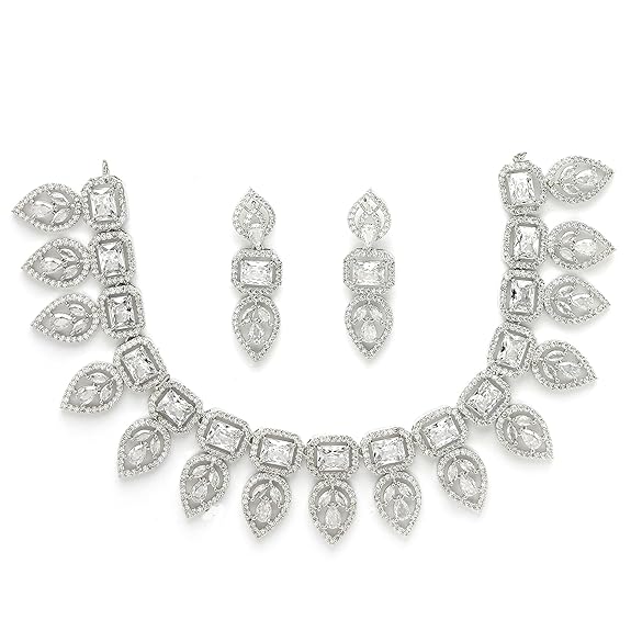 Jewellery Set Leaf Style AD/ Rose Gold Plated Handcrafted Circle Necklace Set for Women & Girls (Silver White) - Rajputtrade