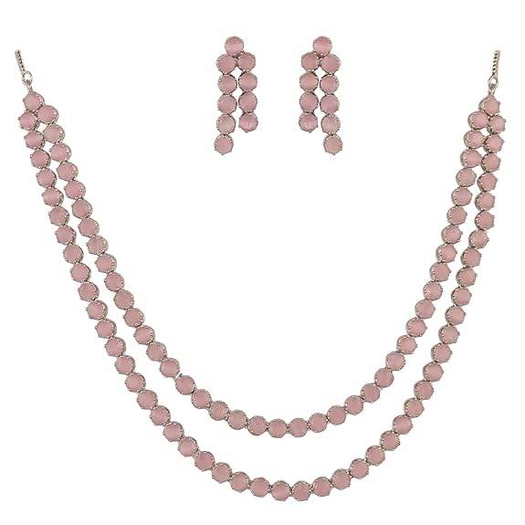 Cubic Zirconia Dual Strand Necklace Jewellery Set With Dangler Earrrings For Women/Girls (Pink) - Rajputtrade