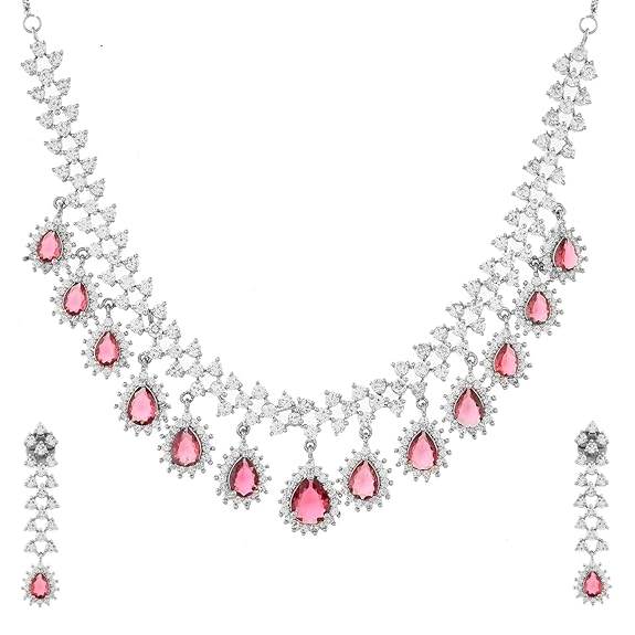 Dazzling Red American Diamond Necklace Set For Women - Rajputtrade