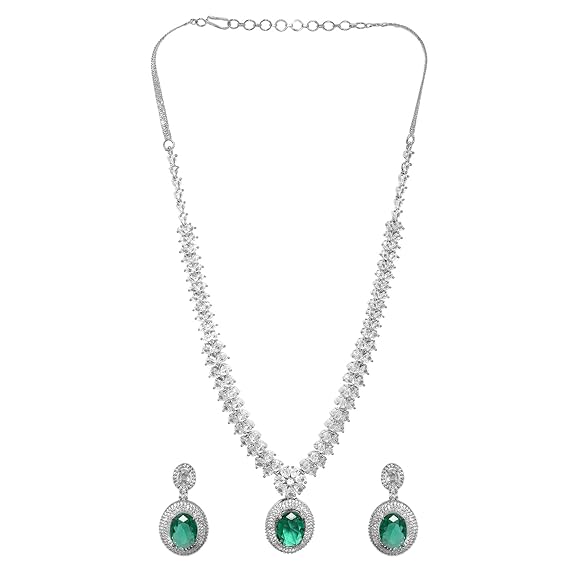 Women's Rhodium Plated Premium White & Emerald Solitaire Zircons Pendant Necklace Set - Rajputtrade