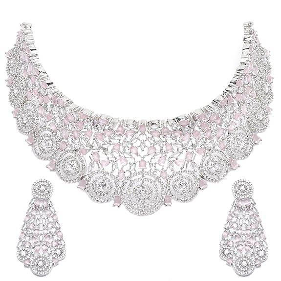Choker Necklace with Earrings Jewellery Set with Girls and Women (Pink) - Rajputtrade