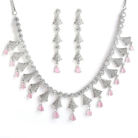 Silver Toned White, Necklace With Earring Jewellery Set For Woment and Girl - Rajputtrade