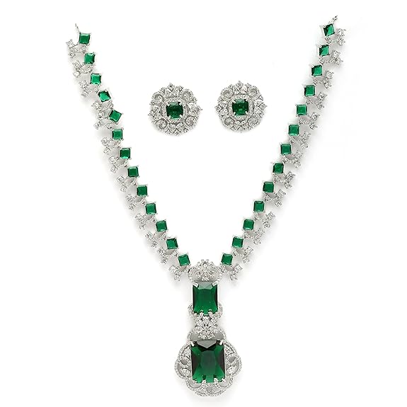 Rhodium Plated Silver Toned Brass Royale Celebrity Inspired, Cystal Jewellery Set For Women & Girls (Green) - Rajputtrade