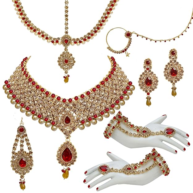 Jewellery Wedding Designer Gold Plated Dulhan Choker Bridal Set with sheeshpatti for Girls & Women dark red - Rajputtrade