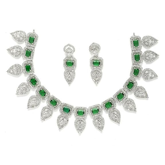 Jewellery Set Leaf Style AD/ Gold Plated Handcrafted Circle Necklace Set for Women & Girls (Green) - Rajputtrade