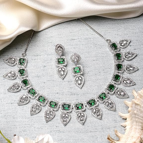 Jewellery Set Leaf Style AD/ Gold Plated Handcrafted Circle Necklace Set for Women & Girls (Green) - Rajputtrade