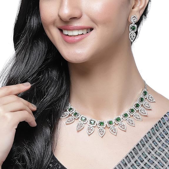 Jewellery Set Leaf Style AD/ Gold Plated Handcrafted Circle Necklace Set for Women & Girls (Green) - Rajputtrade